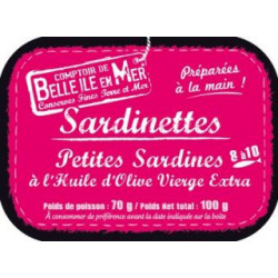 Sardinettes, petites sardines a l'huile d'olive vierge extra. fais le en max 2 ligne