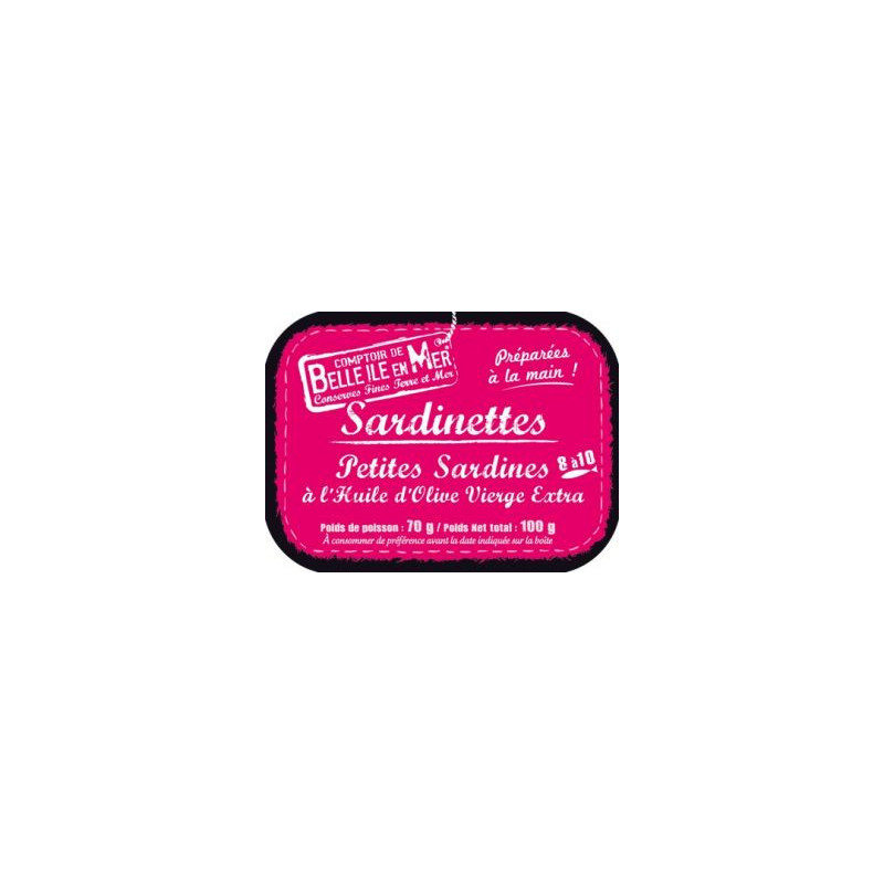 Sardinettes, petites sardines a l'huile d'olive vierge extra. fais le en max 2 ligne
