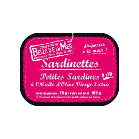 Sardinettes, petites sardines a l'huile d'olive vierge extra. fais le en max 2 ligne